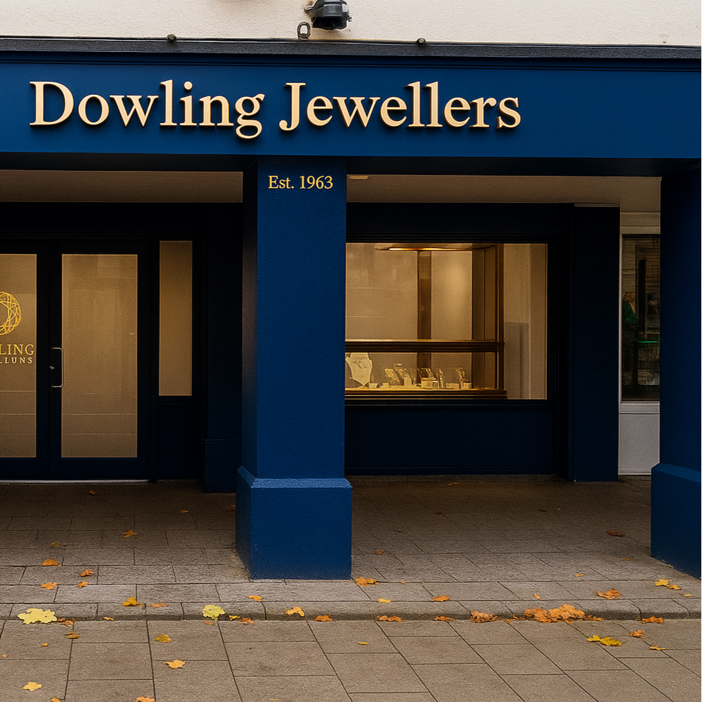 Dowling Jewellers store front with blue facade and gold signage.